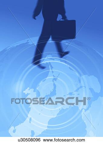 Stock Illustration - View of a businessman walking on globe. Fotosearch