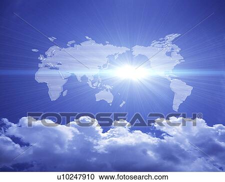 Clipart - View of bright sun on world map. Fotosearch