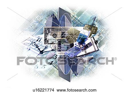 Stock Illustration - View of currency and electronic devices (digital composite). Fotosearch