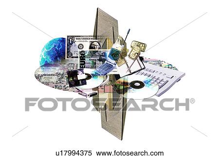 Stock Illustration - View of electronic devices with currency notes (digital composite). Fotosearch
