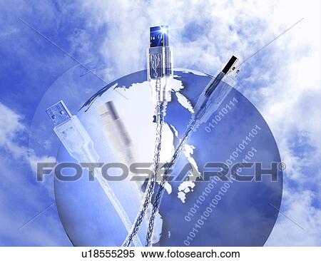 Stock Illustration - View of globe and USB connectors. Fotosearch