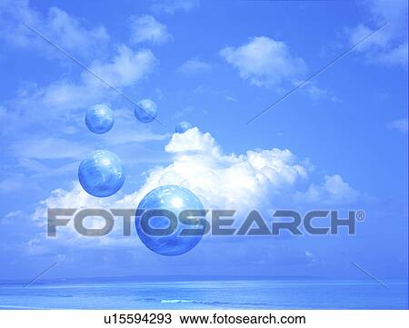 Drawing - Abstract globes with sky and ocean. Fotosearch