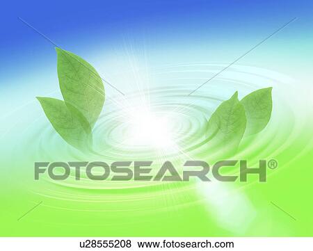 Stock Illustration - Close-up of ripples with rays and leaves (digital composite). Fotosearch