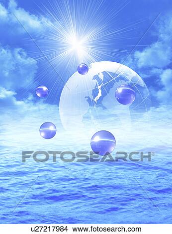 Digital composite of globe with planets on water View Large Illustration Stock Illustration - Digital composite of globe with planets on water. Fotosearch