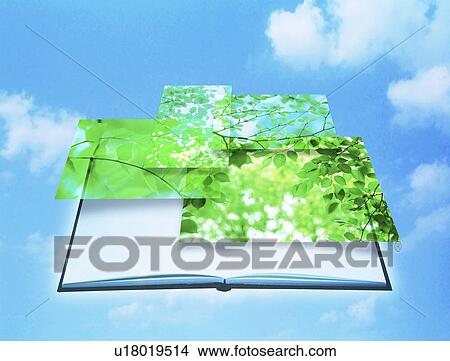 Stock Illustration - View of green leaves and an open book (digital composite). Fotosearch