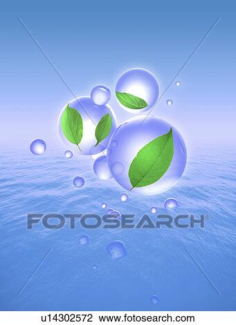 View of leaves in the bubbles (digital composite) View Large Illustration Drawing - View of leaves in the bubbles (digital composite). Fotosearch