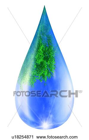 Clip Art - View of sky and a plant enclosed in a water drop (digital composite). Fotosearch
