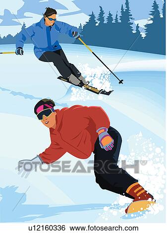 Stock Illustration - A woman snowboarding and a woman skiing together. Fotosearch