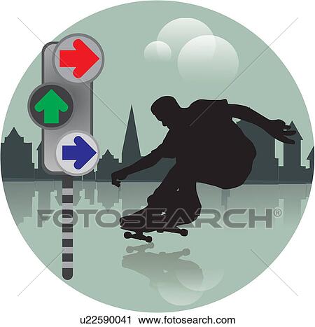 Clip Art - Collage with a man skateboarding in the foreground. Fotosearch