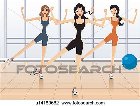 Front view of women exercising View Large Illustration Drawing - Front view of women exercising. Fotosearch