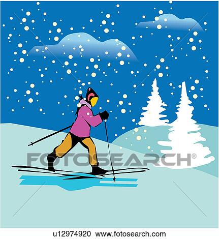 Clipart - Side view of woman cross country skiing. Fotosearch