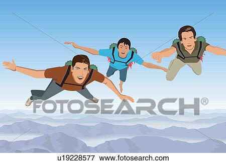 Skydivers flying in formation over hills View Large Illustration Stock Illustration - Skydivers flying in formation over hills. Fotosearch