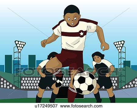 Stock Illustration - Three young boys playing youth soccer. Fotosearch