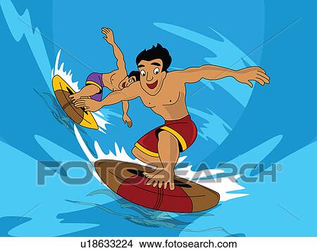 Two men surfing View Large Illustration Stock Illustration - Two men surfing. Fotosearch