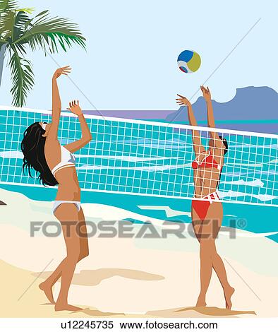 Two women playing beach volleyball View Large Illustration Stock Illustration - Two women playing beach volleyball. Fotosearch