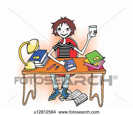 Boy doing homework and drinking milk View Large Illustration Stock Illustration - Boy doing homework and drinking milk. Fotosearch