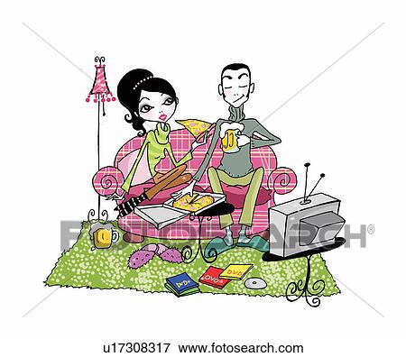 Stock Illustration - Couple on couch with beer, pizza, and TV. Fotosearch