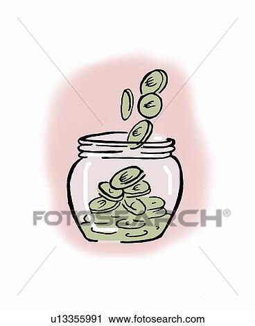 Euro coins falling into jar View Large Illustration Clip Art - Euro coins falling into jar. Fotosearch