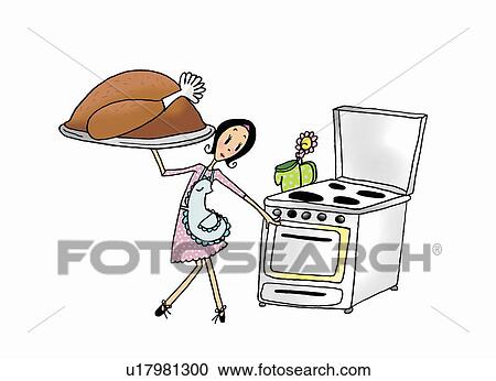  Femme   a poulet r ti  pour les four Clipart 