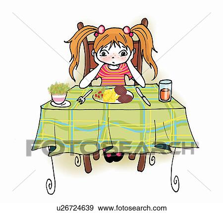 Stock Illustration - Girl sitting at dinner table. Fotosearch