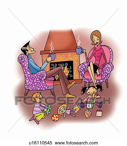 Stock Illustration - Happy couple in living room with children. Fotosearch