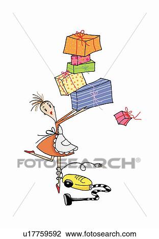 Drawing - Housewife with presents and vacuum cleaner. Fotosearch