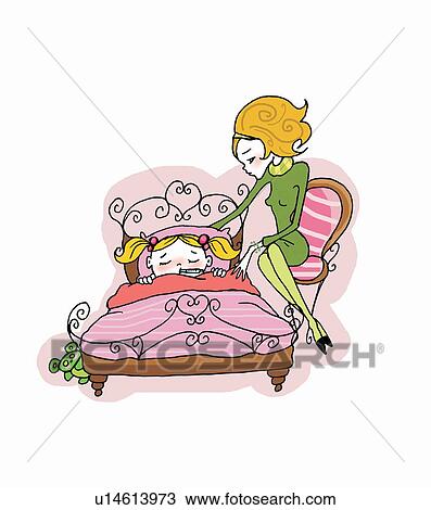 Drawing - Mother beside sick daughter's bed. Fotosearch