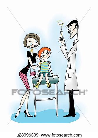 Stock Illustration - Mother with boy at doctor for shots. Fotosearch