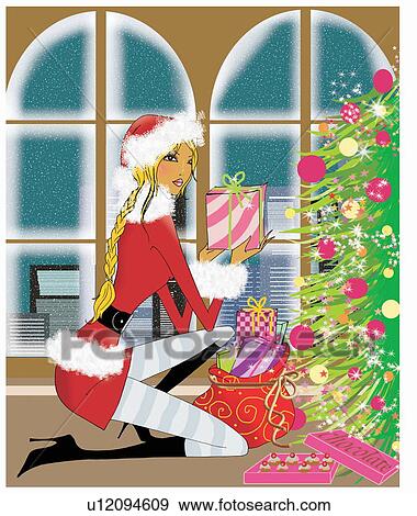 Stock Illustration - Sexy female Santa Claus with presents. Fotosearch