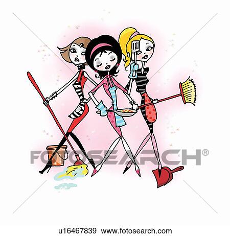 Stock Illustration - Three women with cleaning and cooking equipment. Fotosearch