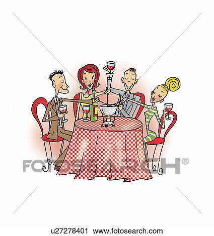 Clip Art - Two couples at table with fondue and wine. Fotosearch