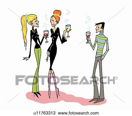 Drawing - Two women drinking wine, man in background. Fotosearch