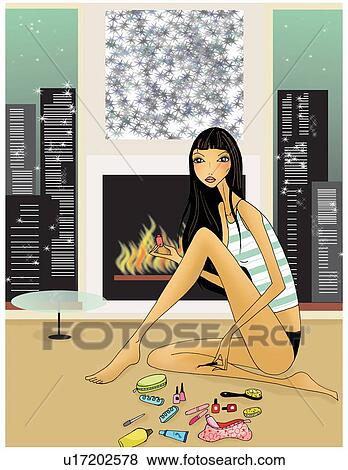 Stock Illustration - Woman applying nail polish on feet. Fotosearch