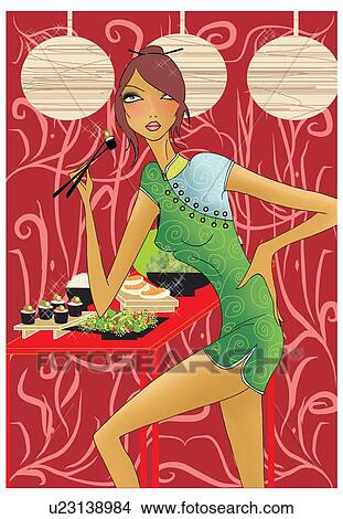 Woman eating sushi View Large Illustration Stock Illustration - Woman eating sushi. Fotosearch