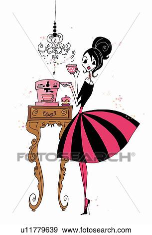 Stock Illustration - Woman having coffee and a sweet. Fotosearch