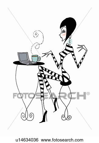 Stock Illustration - Woman having coffee while using laptop at a cafe. Fotosearch