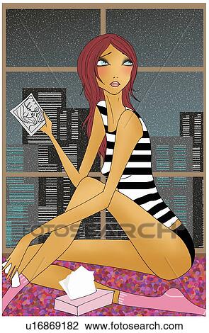 Drawing - Woman holding photograph. Fotosearch