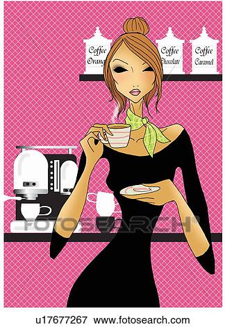 Stock Illustration - Woman in kitchen having cappuccino. Fotosearch