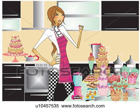 Woman in kitchen with sweets View Large Illustration Stock Illustration - Woman in kitchen with sweets. Fotosearch