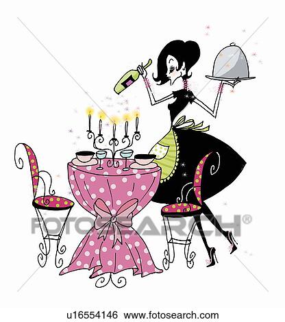 Woman preparing table for dinner for two View Large Illustration Stock Illustration - Woman preparing table for dinner for two. Fotosearch