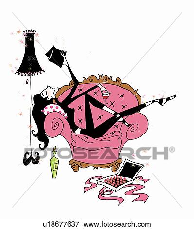 Stock Illustration - Woman reading book with a glass of wine at home. Fotosearch