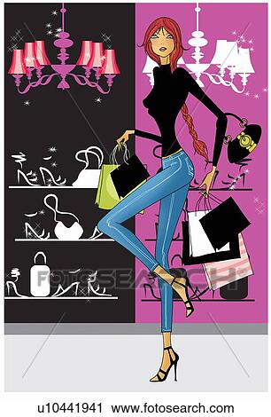 Woman shopping in a shoe and bag store View Large Illustration Clip Art - Woman shopping in a shoe and bag store. Fotosearch