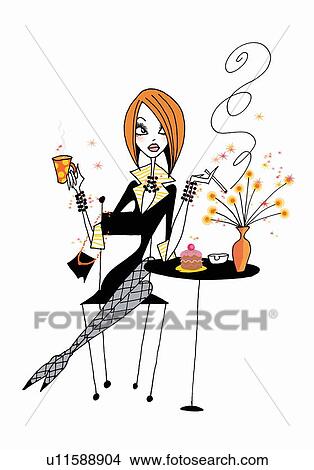 Woman sitting at a table with a cup of coffee and sweet View Large Illustration Stock Illustration - Woman sitting at a table with a cup of coffee and sweet. Fotosearch