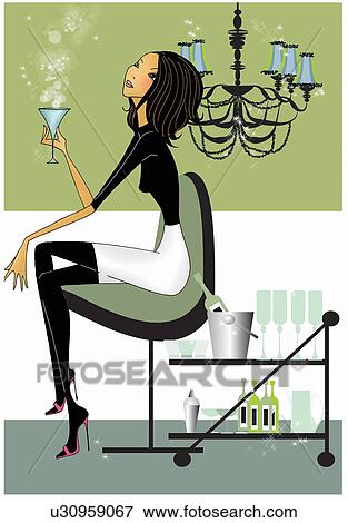 Stock Illustration - Woman sitting in a modern chair with a cocktail. Fotosearch