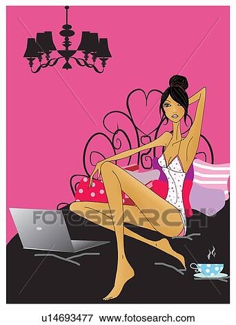 Woman sitting on bed working on computer View Large Illustration Stock Illustration - Woman sitting on bed working on computer. Fotosearch