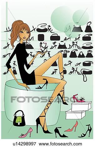 Woman trying on shoes in a shoe and bag store View Large Illustration Stock Illustration - Woman trying on shoes in a shoe and bag store. Fotosearch