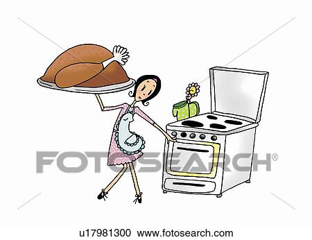 Clipart - Woman with a roast chicken for the oven. Fotosearch
