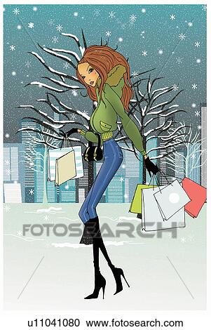 Clipart - Woman with shopping bags in the snow. Fotosearch
