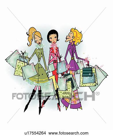Stock Illustration - Women walking with shopping bags. Fotosearch