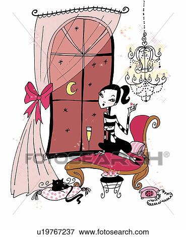 Stock Illustration - Young woman at home with champagne and a sweet. Fotosearch